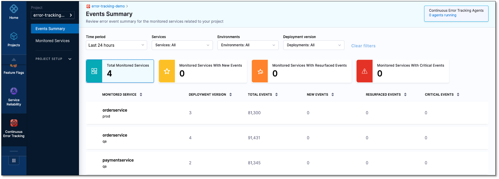 Continuous Error Tracking Events dashboard